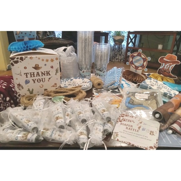 771 pc Cowboy Baby Shower Decorations Little Cowboy Raffle Box Banners Favors ++